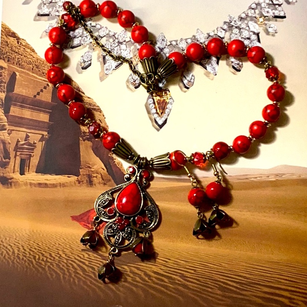 Ethnic Necklace Red Turquoise Bronze Tone